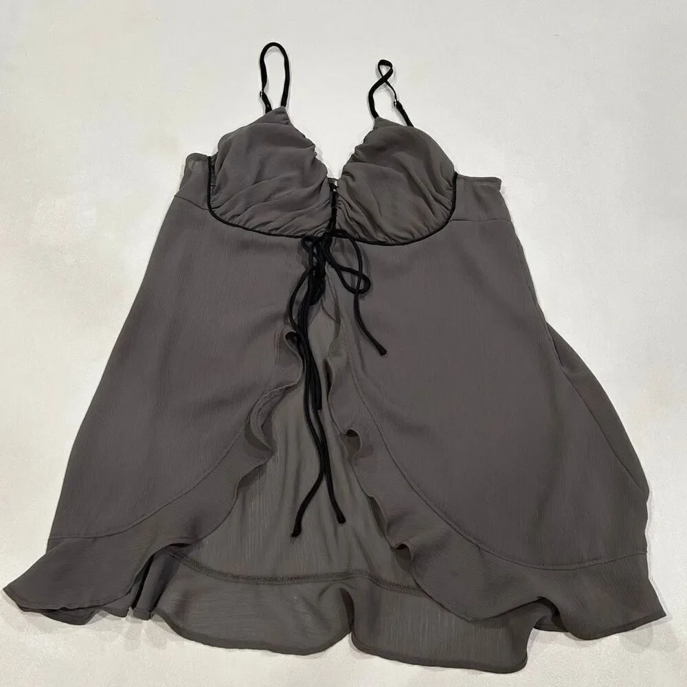 Free People Intimately Slip Dress Gray Ruffle Hem Tie Front Size S